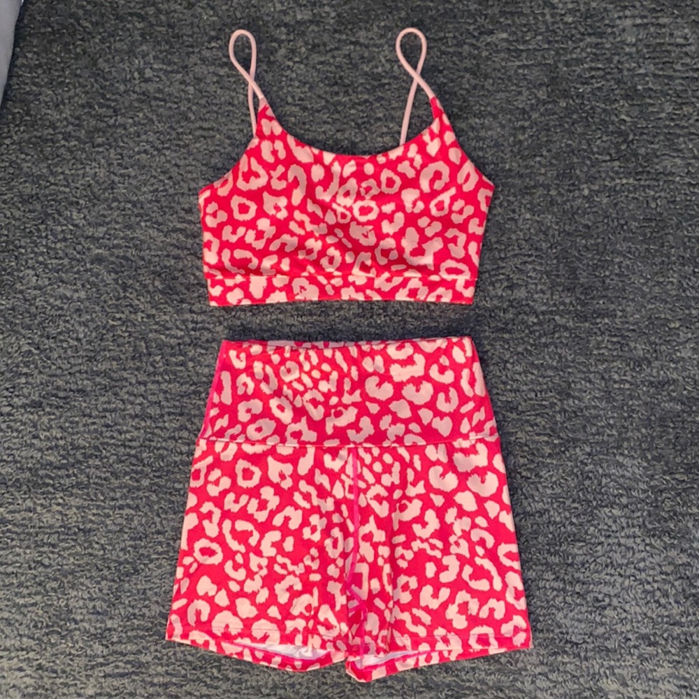 Women’s Pink Leopard Bike Shorts and Crop Top Set